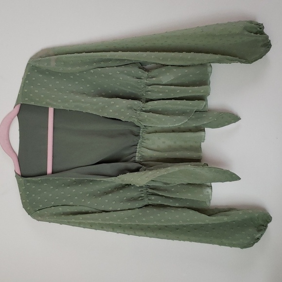 Tie front peplum swiss dot green girlie top, trendy, cropped, v neck, women's M - Picture 5 of 8